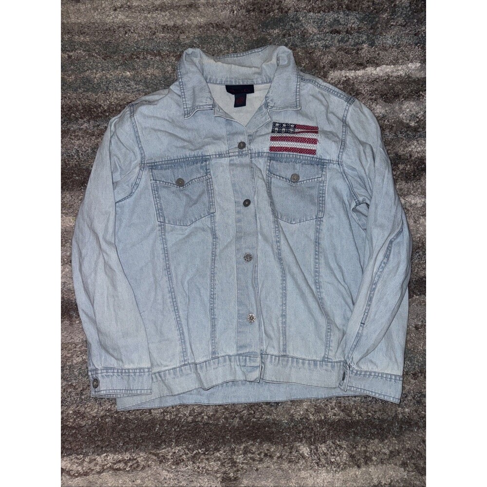 Denim And Co Jean Jacket USA Flag Large Cotton Made In India Preowned Great
